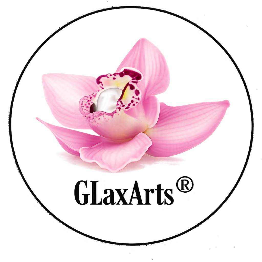 GLaxArts logo inside a circle with the word mark and pearl inside the orchid design with the trademark symbol.