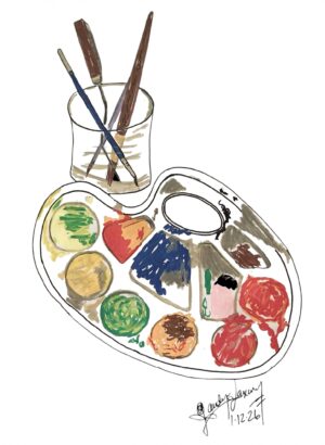 Artwork titled, Pause of easel palette with different colors and a clear glass with paint brushes.