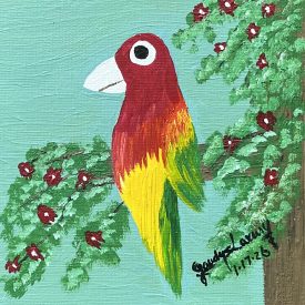 SHY PARROT IN BLOOM, Acrylic on Canvas, 6 x 6 in, 2026. Original available. Inquire via Contact page.
